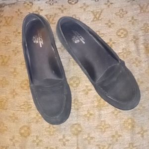 Black Label, Shoes for Crews, blk. Suede wedge loafers, size 7